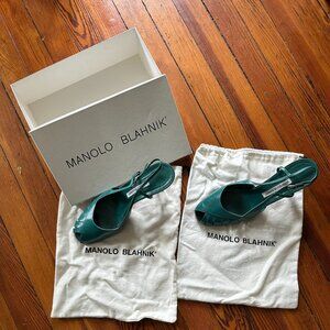 Vintage 90s Teal Manolo Blahnik Slingback Kitten Heels